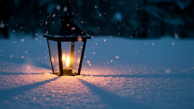 Vintage lantern with burning candle flame glowing in deep snow during heavy snowfall. Atmospheric winter scene for christmas and holiday decorations