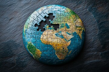 Spherical jigsaw puzzle depicting earth with some missing pieces, highlighting environmental and global issues