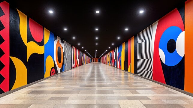 Colorful tunnel hallway with vibrant murals - Powered by Adobe
