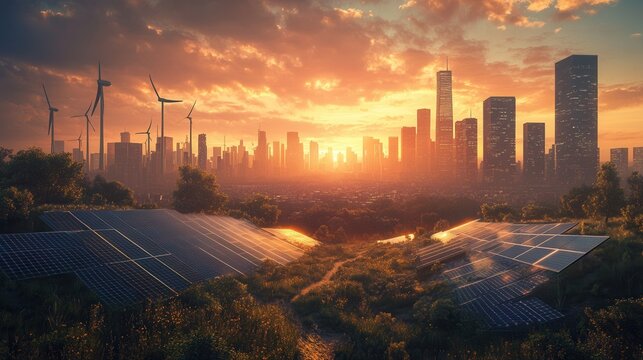 Solar Panels and Wind Turbines Against a Cityscape at Sunset
