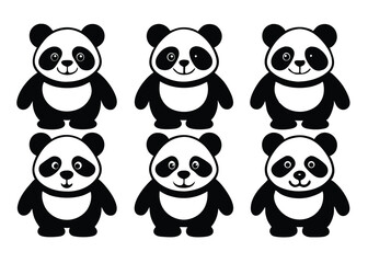 Six adorable smiling panda bear illustrations in simple black and white design for various applications