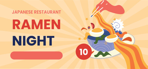 Ramen Night Poster – Japanese Food Event Illustration in Flat Cartoon Style