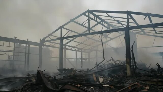 Burned building skeleton with metal frame structure standing in smoky aftermath of devastating fire. Disaster damage for insurance claims and emergency response