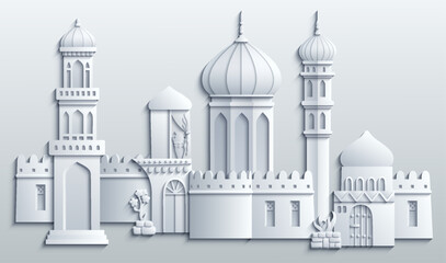 White paper cut style vector illustration of an oriental city with domes, towers, and minarets. Perfect for Arabian, Islamic, and fairytale themed designs
