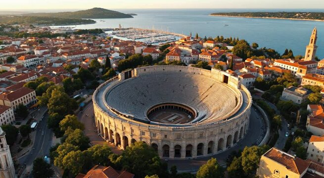 Aerial view of the pula arena in croatia coastal city with scenic landscape