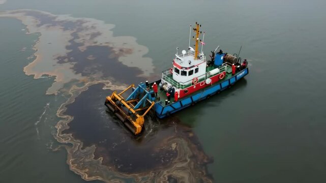 Oil spill cleanup vessel with specialized equipment working in contaminated ocean water. Environmental disaster response for marine pollution and emergency services