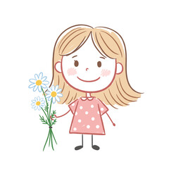 Fototapeta premium Young girl smiling while holding a bouquet of daisies in hand 