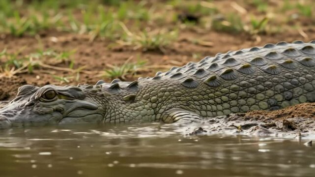 Large crocodile resting in shallow muddy water with scaly skin and yellow eyes. Dangerous reptile predator for wildlife documentaries and nature education