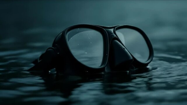 Black diving mask floating on dark water surface with reflections and ripples. Underwater equipment for scuba diving and snorkeling activities