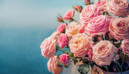 delicate pink rose bouquet against soft blue backdrop, ideal for web design, print media, and branding elegance