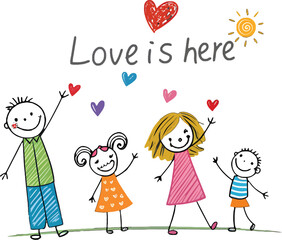 Happy Family Love is Here: A cheerful illustration of a happy family, a father, mother, daughter and son, filled with love and joy, celebrating togetherness.  