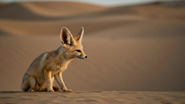 Fennec fox sitting on sandy ground with large ears and alert expression in desert habitat. Wildlife portrait for nature documentaries and conservation education