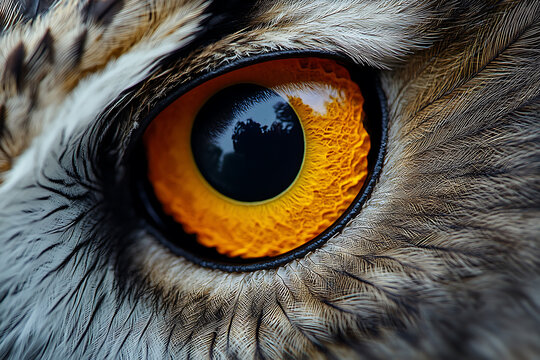 Close up portrait of an owl eye revealing detailed feathers and intense gaze
