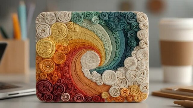 Colorful Quilling Art in Home Office Setting with Laptop and Coffee Cup on White Table