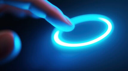 User finger pressing key with neon ring image with digital overlay. Innovative technology virtual interface photography conceptual composite. Digitization concept photo realistic