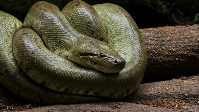 Large python coiled on ground with detailed scales pattern in natural outdoor habitat. Reptile wildlife portrait for nature documentaries and educational content