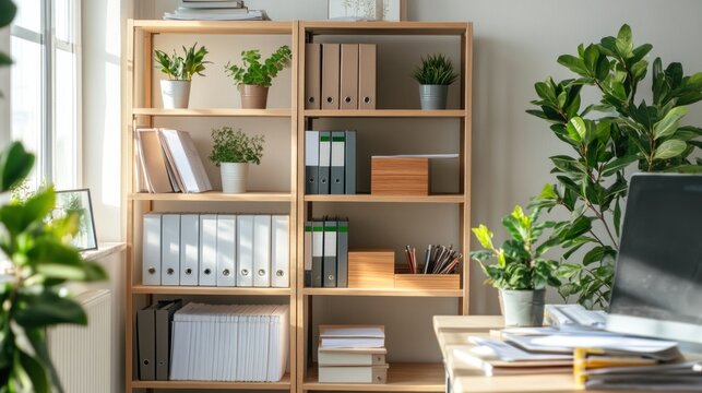 Well-organized home office space with wooden shelves and plants offering productive atmosphere