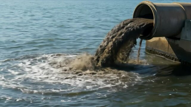 Industrial sewage pipe releasing contaminated wastewater into ocean creating environmental pollution. Waste discharge from drainage system contaminating marine water