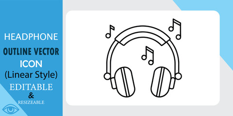Headphones with Notes Outline Vector Linear Style Icon Symbol