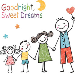 Whimsical Dreamtime: A heartwarming illustration of a parent and children, holding hands, under a crescent moon and stars, embodying the sweetness of a 