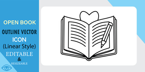 Open book with heart and pencil vector outline icon