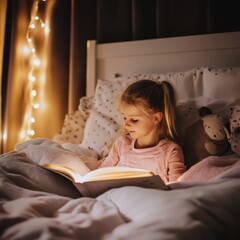 girl reading bedtime story under warm light
