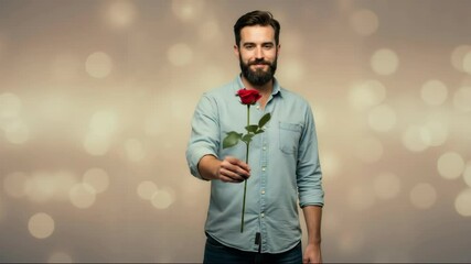Man in light blue shirt holding single red rose forward with bokeh lights background. Romantic gesture for valentine, wedding, engagement and love themed celebration