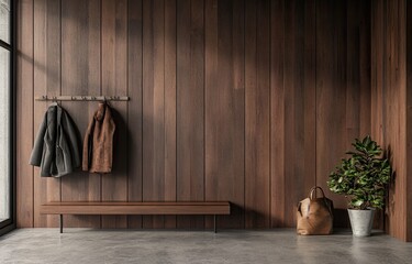 Modern entryway with wooden accents