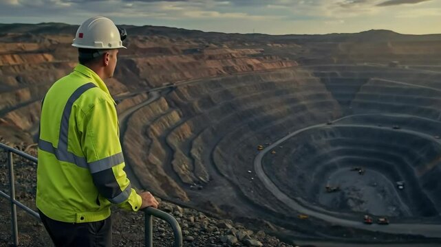 Mining engineer in safety helmet overlooking open pit quarry operation. Industrial worker in high visibility vest supervising excavation site for mining and construction