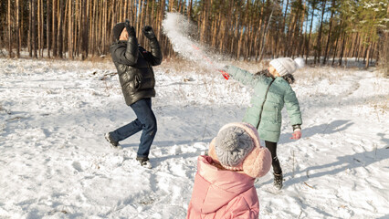 Playful family enjoying snowball fight in snowy winter park