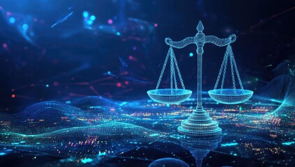 Digital scales of justice over city