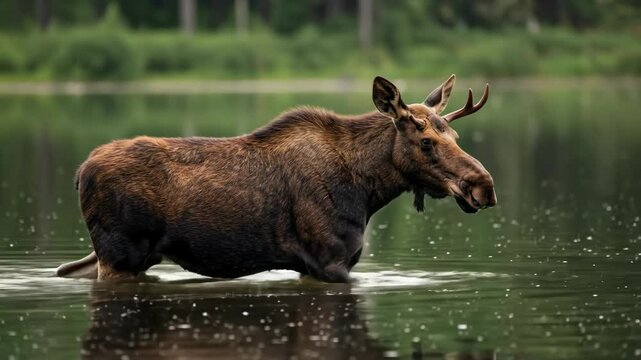 Large moose standing in shallow lake water with antlers and brown fur. Wild north american mammal wading through pond in natural forest habitat for wildlife content