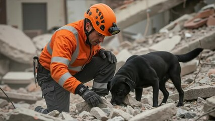 Rescue worker in orange safety gear with search dog among earthquake rubble debris. Emergency responder and canine team searching for survivors in disaster zone