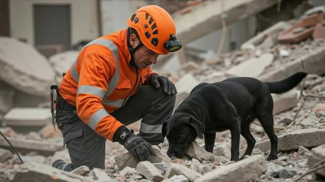 Rescue worker in orange safety gear with search dog among earthquake rubble debris. Emergency responder and canine team searching for survivors in disaster zone