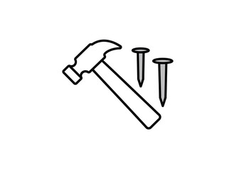 An illustration of a hammer with a black outline and two nails on a plain white background