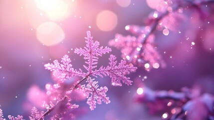 Abstract glittering pink snowflakes with soft bokeh light winter holiday magic