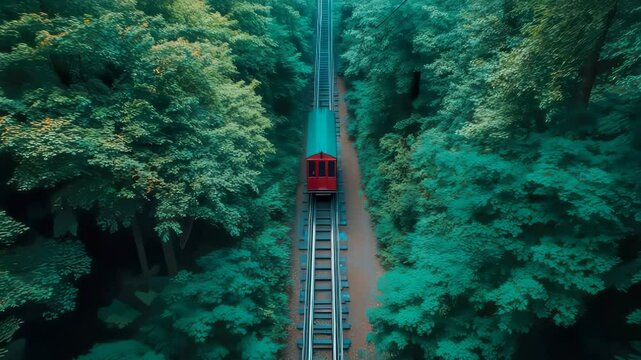 Red train travels along a railway through a dense green forest. The scene captures the tranquility of nature