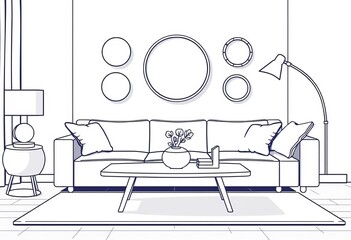 Line art coffee table icons; round & rectangular shapes Modern living room decor, trendy monochrome vector illustration, living room furniture, modern