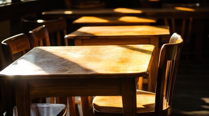 Warm sunlight illuminating wooden tables and chairs in a cozy restaurant setting