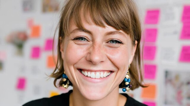 Smiling woman looking up thoughtfully in a creative space with idea notes pinned to a white wall, concept for innovative problem solving and planning.