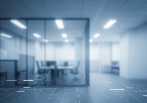 Modern blurred office interior with glass meeting room and digital data overlay on the floor, representing futuristic corporate technology, innovation, and workspace analytics.