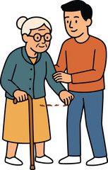 Fototapeta premium Compassionate Support: A young man gently guides an elderly woman with a cane, illustrating a bond of care and respect in this symbolic illustration.