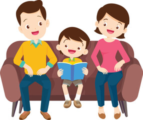 Cozy Family Reading Time: A heartwarming illustration captures a family of three sharing a moment of togetherness as they sit on a comfortable sofa. The child is engrossed in a book, with parents.