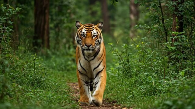 Adult tiger walking on dirt path through dense green forest vegetation. Majestic big cat predator moving in natural jungle habitat for wildlife documentary