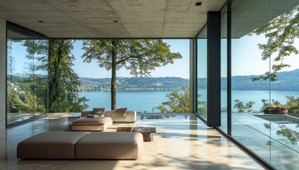 Modern open-plan living area with lake views