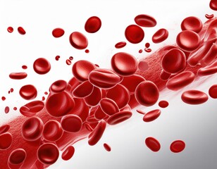 Flowing red blood cells isolated on solid white background