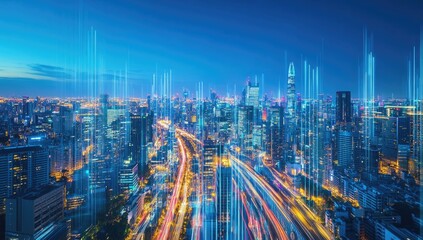 Modern city skyline at twilight with digital overlay