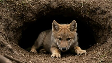 Wolf pup emerging from earth den burrow with brown fur and alert ears. Young wild canine at entrance of underground home for wildlife and nature content