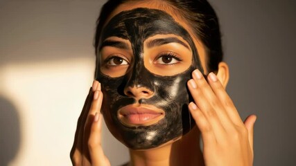 Woman applying black charcoal face mask touching cheeks with hands. Female skincare routine with detox treatment for beauty and cosmetic services