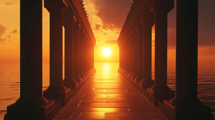infinite corridor of a temple outdoors in the sea during a sunset, in a cinematic style, solar symmetrical 